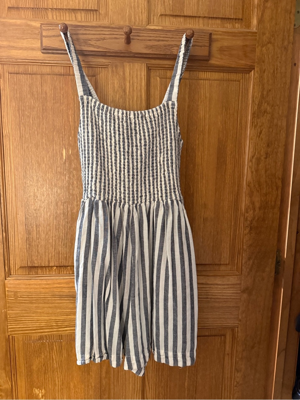 Marine Layer Blue and White Striped Smocked Jumpsuit Romper - Picture 2 of 4